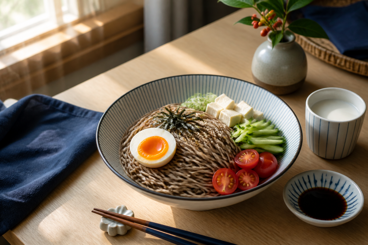 晨光中的蕎麥麵早餐，搭配雞蛋、豆腐、小黃瓜、番茄與無糖豆漿