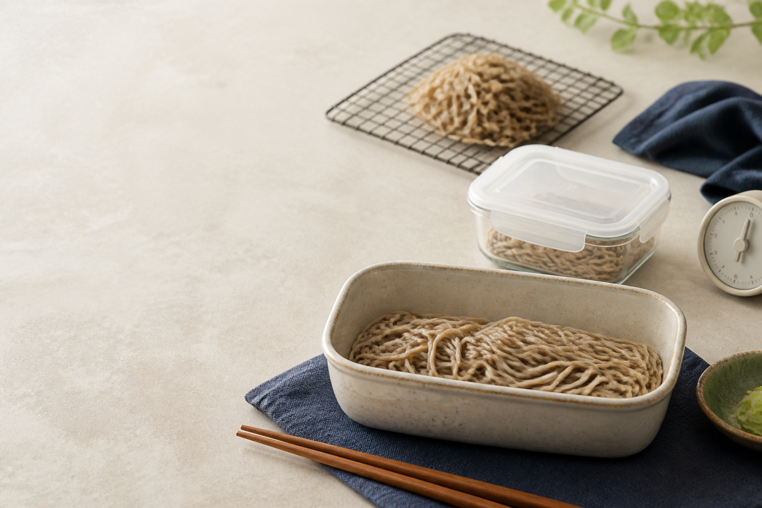 煮熟蕎麥麵分裝冷藏、容器與計時器的保存示意圖