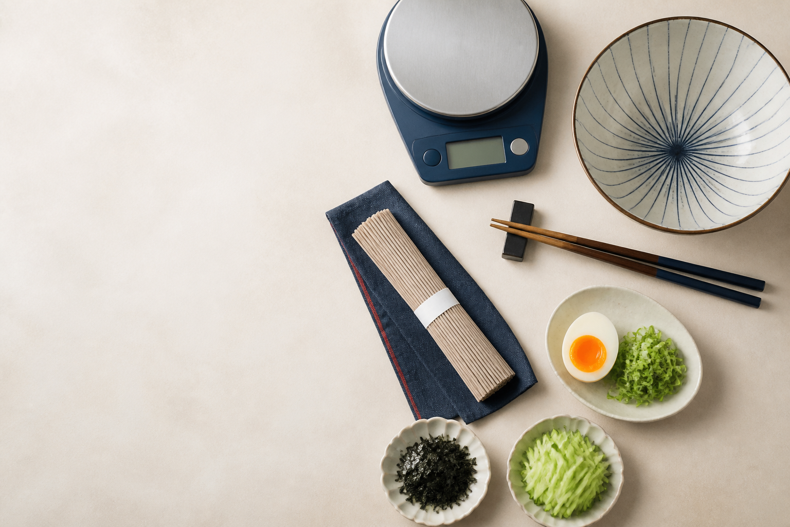 蕎麥麵一人份、量秤與配料比例示意圖